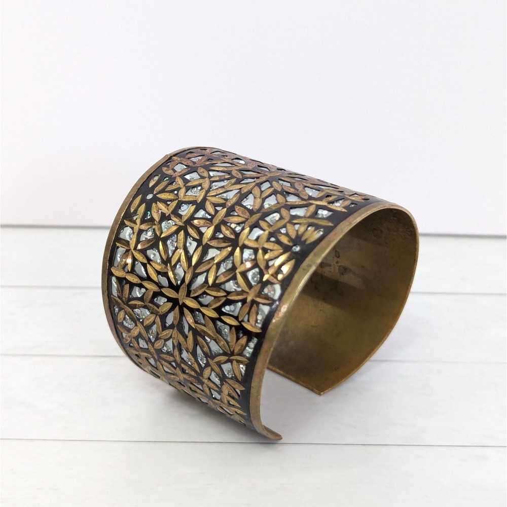 Brass Inlay Cuff Bracelet Metallic Silver Tone Etched Cutout Detail Boho India - Picture 2 of 13